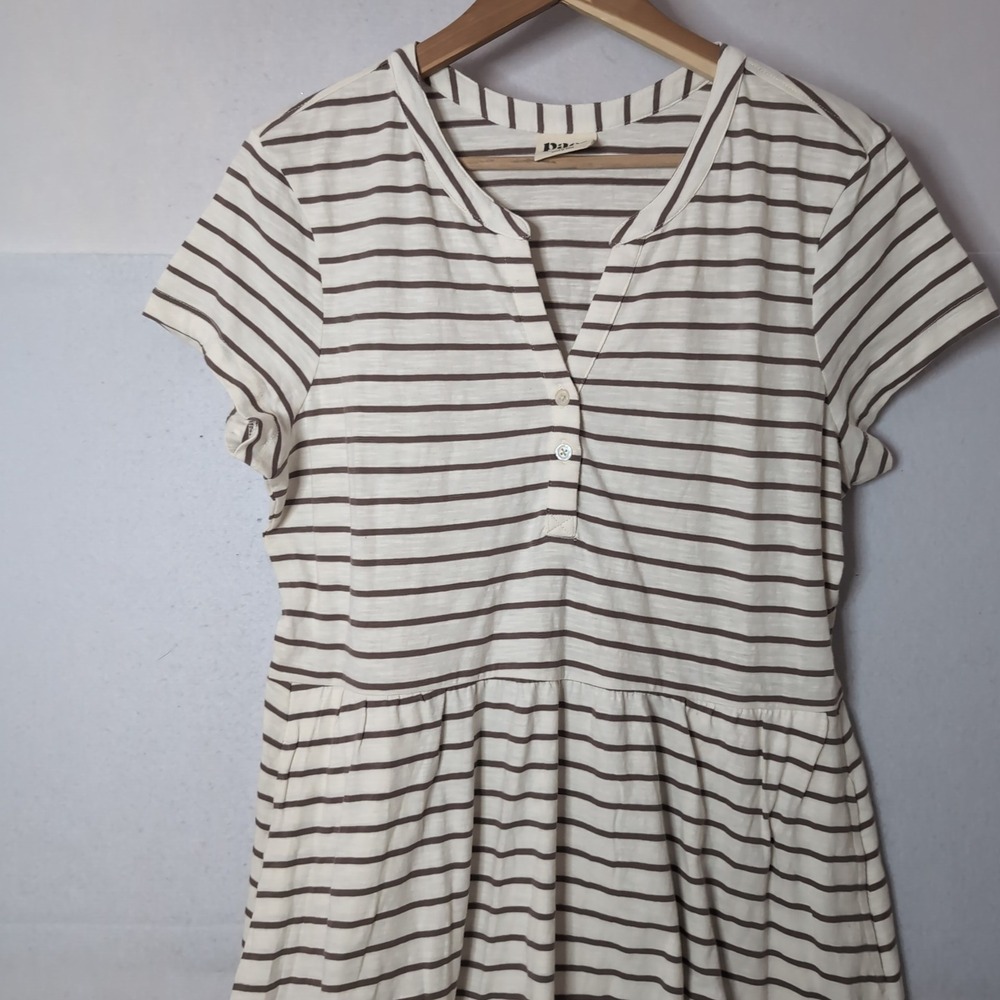 Pact Organic Cotton Striped Henley Dress Brown Cream Short Sleeve Large